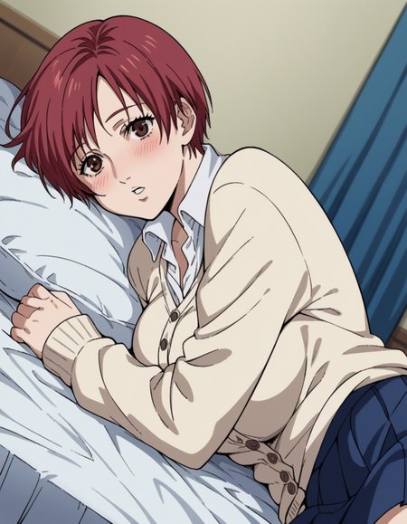 score_9, score_8_up, score_7_up, source_anime, <lora:kei-kishimoto-anime-ponyxl-lora-nochekaiser:1>, kei kishimoto, short hair, brown eyes, red hair, large breasts,, skirt, school uniform, cardigan, blue skirt, shirt, white shirt, collared shirt,, indoors, bed, bed room, on side, blush, drunk, looking at viewer, solo,, cowboy shot, dutch angle