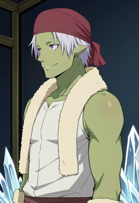 masterpiece, best quality, , ,, 1boy, solo, male focus, <lora:rigur_tensura_ilxl:0.94>, rigur_tensura, grey hair, purple eyes, pointy ears, colored skin, green skin, goblin, bandana, , from side, cold, ice, indoors, dark, arms at sides, naughty smile, ,
