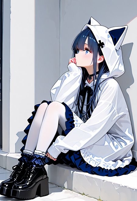 masterpiece, ultra-HD, very aesthetic, 8K, high detail, depth of field, score_9, score_8_up, 
BREAK
1girl, solo, bustle skirt, white dress, sleeves past wrists, white Hood, white pantyhose, dark blue frilly socks, oversize high platform shoes, 
BREAK
long hair, close up. 
BREAK
<lora:Cat_hood_One-piece_setã­ãã¿ã¿ãã¼ãã¯ã³ã:1>,