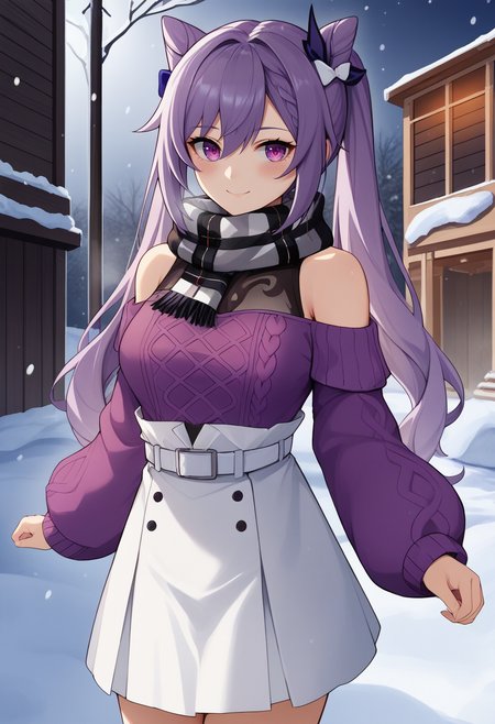 score_9, score_8_up, score_7_up, source_anime BREAK 1girl, solo, <lora:keqing-gi-richy-v1_pdxl:1> kqnglr, purple eyes, purple hair, long hair, twintails, double bun, cone hair bun, braid, hair between eyes, hair bow, medium breasts, black plaid scarf, bare shoulders, purple sweater, cable knit, off shoulder, white skirt, high-waist skirt, white belt, outdoors, smile, blush, looking at viewer, winter, snow, cold, dark, darkness, night, standing