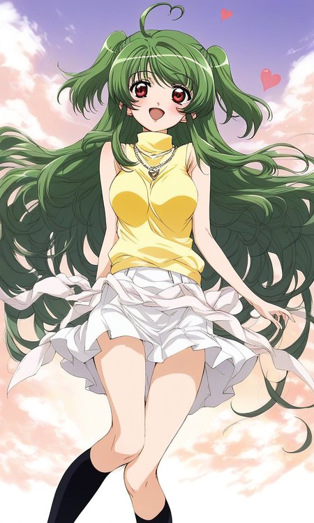 score_9, score_8_up, score_7_up, source_anime, rating_explicit, BREAK  <lora:Yoko_Inukami_XL:1> Yoko_Inukami, green hair,  very long hair, ahoge, red eyes, two side up, jewelry, necklace, breasts, 
white skirt, heart, blush, smile, open mouth, Yellow sleeveless, black socks, kneehighs, sleeveless turtleneck
grassland, sky,