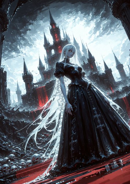 The image is a digital illustration of a vampire goddess with a low perspective, as if the viewer is looking down on everything. She is a tall, statuesque woman whose pale skin, endlessly long white hair and shining silver eyes contrast with the gloomy and dark atmosphere around her. She stands on the steep cliff of her ruined castle, looking down at her subordinates with complete indifference, as if looking through them. Her sexy tight black dress has an endlessly long hem that flows like silk somewhere down, disappearing from view. The dress is decorated with many silver patterns, moving in intricate swirls, as if hypnotizing the viewer. A dark and gloomy aura is visible around her, from which all living things wither and die, including her servants and subjects, whose corpses litter the road she walked on. This aura contrasts with her almost angelic appearance, casting a dark cloud of dark magic over her castle and down to her subjects. Her movements are graceful and elegant, she moves like a messenger of death, whose touch can bring death to all living things. Beneath her feet is a red carpet of blood from the people who stood in her way, whose lifeless bodies lie somewhere behind her.
volumetric lighting, cinematic lighting, aesthetic design, dramatic angle, dutch angle, low angle, dramatic framing, cinematic framing, posing at an angle, extremely sharp focus, unique artistic composition, hight reflection, (maximum ultra-high definition image quality and rendering:1), maximum image detail, maximum realistic rendering, strong reflection
<lora:add-detail-xl:0.6>  <lora:spo_sdxl_10ep_4k-data_lora_webui:0.5>  <lora:USNR STYLE_XL_loha:0.45> <lora:GodsAndMayhemXL:0.9> <lora:748cmSDXL:0.6> <lora:ponyv5_noobV065S_1_adamW:0.65>  <lora:GENESIS_MK0.2:0.55>