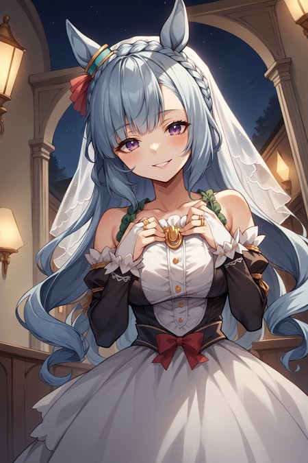 score_9, score_8_up, score_7_up, , rating_general ,1girl , ards, crown braid, horse ears, ear ornament, drill sidelocks, twin drills,  wedding dress, wedding ring, bridal gauntlets, bridal veil,  dynamic angle , source_anime    ,  cowboy shot, indoors, naughty face, smile, night, outdoors, <lora:ArdanPDCAME UMA:1>,
