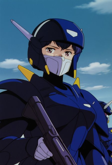 masterpiece, best quality, source_anime,official art,perfect_anatomy,1980s_\(style\),retro_artstyle,1girl,solo,miki swat,1girl,helmet,mouth mask,mecha,armor,looking_at_viewer,upper body,holding weapon,holding gun,day,blue_sky,cloud