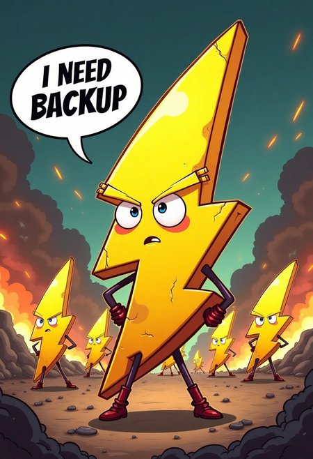 A dramatic war scene in stylized cartoon style. In the center stands a bright yellow lightning bolt character, shaped like a single zigzag with a flat bottom tip, resembling a clean, angular ⚡ symbol with a straight horizontal base. The character has expressive cartoon eyes and a slightly cracked surface, showing battle damage. Chaos, smoke, and fire surround the battlefield. A comic-style speech bubble emerges from the character with the text: "I NEED BACKUP" in bold letters. In the distance, more identical lightning bolt soldiers are rushing in to help. The scene is full of action and urgency, with a comic book feel and dynamic lighting.