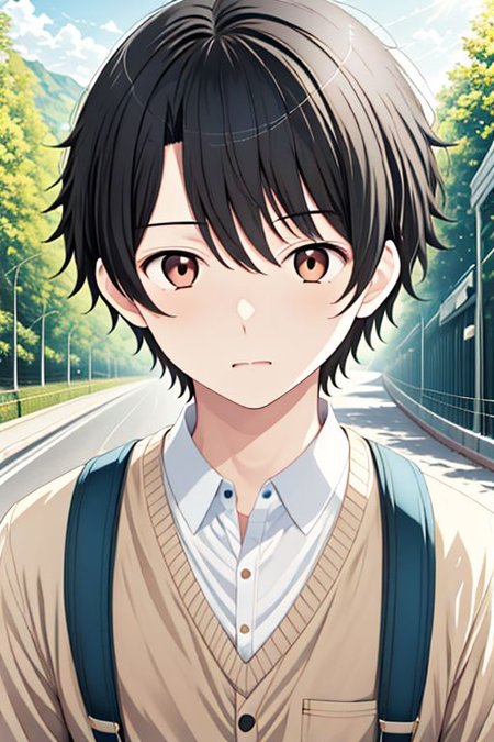 high resolution, solo, best quality, 1Boy, Inaho Kaizuka, Black hair, Brown Eyes, portraits, proud, outdoor, Half Body, Depth Of Field, OverallDetail