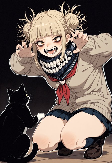 masterpiece, best quality, good quality, very awa, very aesthetic, absurdres, newest, toga himiko, 1girl, solo, open mouth, short hair, skirt, long sleeves, school uniform, full body, sidelocks, thighs, pleated skirt, teeth, shoes, socks, serafuku, blunt bangs, miniskirt, hair bun, neckerchief, kneehighs, double bun, animal, fangs, squatting, cat, cardigan, messy hair, loafers, bags under eyes, claw pose, looking at the cat, vfaix,retro_artstyle, retro <lora:illustriousXL_stabilizer_v1.23:0.3> <lora:NOOB_vp1_detailer_by_volnovik_v1:0.3> <lora:ponyv6_noobE11_2_adamW-000017:0.3> <lora:retro_scifi_artstyle_illustriousXL-000021:0.6> <lora:veluflora-wai:0.75>