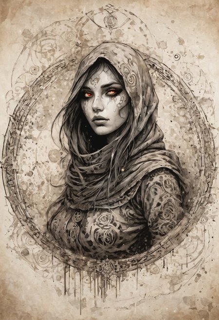 Ink illustration on parchment. A ghostly female . Prophet of Chaos Gods. Undead. barbarian armor Canvas hoods. seductive. eroticism. Runic circle. Elements. Glowing eyes. Bokeh blur.