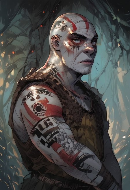 score_9, score_8_up, score_7_up, BREAK, 1 boy, Kratos1024, white skin, white colored skin, beard, bald, tattoos, war paint, detail1eye