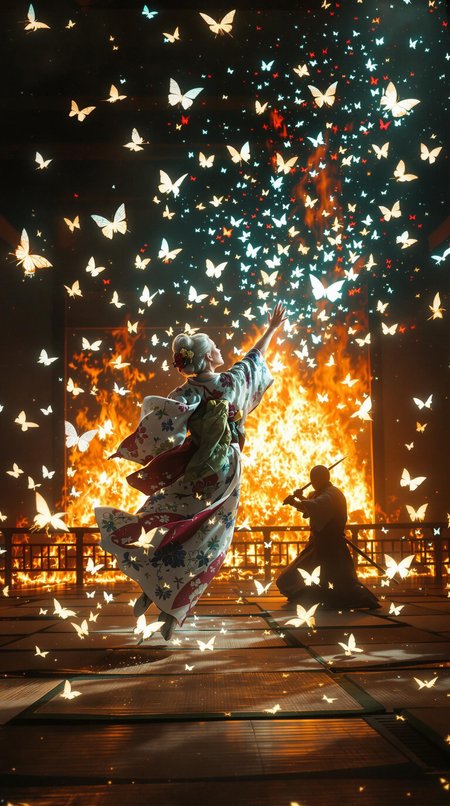 Elderly woman in elegant kimono floating amidst constellation of glowing butterflies in burning dojo, shinobi slashing through illusory projections as real attack comes from behind, 