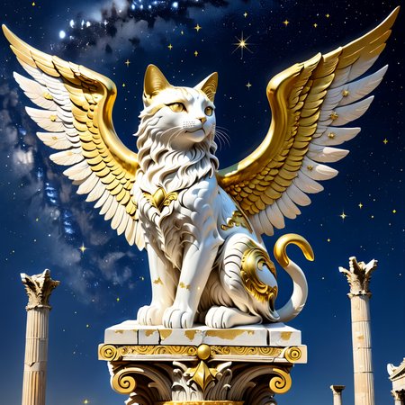embedding:lazympos a stone statue of a celestial cat with wings, best quality, masterpiece, cstatuesdxl, white and gold, perched atop a crumbling Ionic column, starry night sky backdrop, faint constellation carvings. <lora:cstatuesdxl:1.0000000000000002> <lora:TrendCraft_The_Peoples_Style_Detailer-v2.1A-3_12_2025-SDXL:0.6000000000000001>