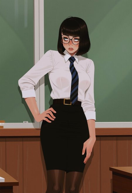 art by incase
A busty woman with short black hair in a bob cut standing in front of a classroom. She has hair covering one of her eyes and she wears glasses. She has a white shirt, tie, a black pencil skirt and brown pantyhose. She looks concerned and has a hand on her hip.