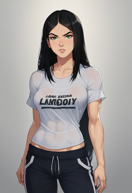 laura kinney, 1girl, muscular , pale skin,solo, black hair, very long hair, black hair,  straight hair,pale skin, green eyes, athletic girl, skinny muscular girl, looking at viewer, , perfect legs,score_9, score_8_up, score_8, 1girl, solo, looking at viewer, wide track pants,loose pants, oversized t-shirt, oversized trousers, loose t-shirt, oversize,
cartoon of amraql, , best quality,
1girl, sexy girl,
perfect medium breasts, parted lips