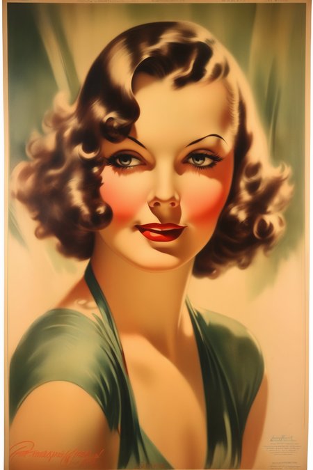 <lora:Rolf Armstrong Style:1>Rolf Armstrong Style - A 1930's vintage portrait poster of a mid mature Model