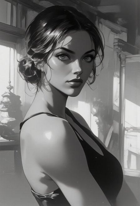 "A beautifully rendered portrait of an elegant Asian woman with striking features. The image is of high quality, capturing a graceful pose with a balanced and realistic anatomy. Her long neck and sharp facial details are portrayed with precision, creating a serene and sophisticated expression. The background is a subtle monochrome with soft edges, enhancing the focus on her captivating face. The overall atmosphere is clear and focused, with an emphasis on the details of her form, ensuring no visual distractions or distortions."