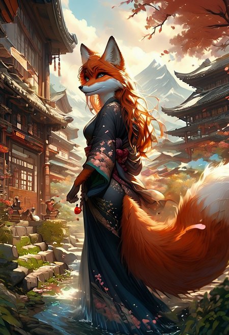 score_9_up,score_8_up,score_7_up,(masterpiece),(best quality),hyper detailed,perfect anatomy,anthro fox girl,foxfolk,dazzling,perfect face,
sexy,seductive,long hair,cleavage,black hair,print_kimono,furisode,orange furr,
wind_lift,dusk,outdoor,in spring,falling petals,cherry blossoms,looking_back,looking_at_viewer,dynamic_angle,