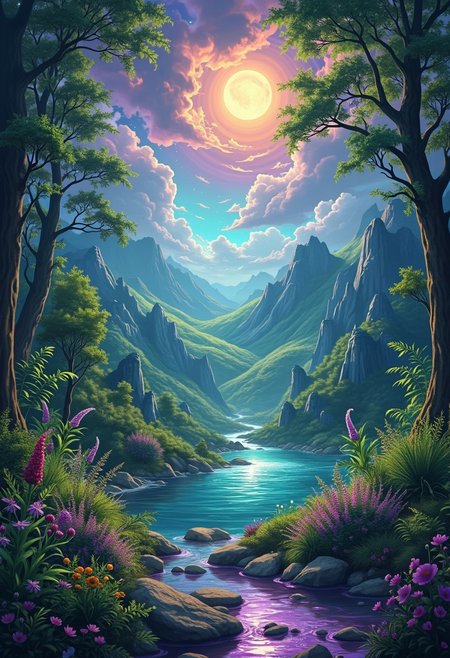 Fantasy realm.  Celestial bodies. vibrant symphony of colors. Tangible power of magic. Lush forests full of plants. Luminous shine. emerald green leaves. 
The sky is painted with lavender and gold tones.  Big creatures with wings in the sky.  Moonlight. Magic of the land. valleys.   travelers. Crystal Lake. different shades. 
Different creatures. Harmony with magic. graceful creatures.  tree villages.
vivid color, vivid background, midjourneyv6.1, AlfMch, drawix1, drawix1, ghstlyCE, ghostly