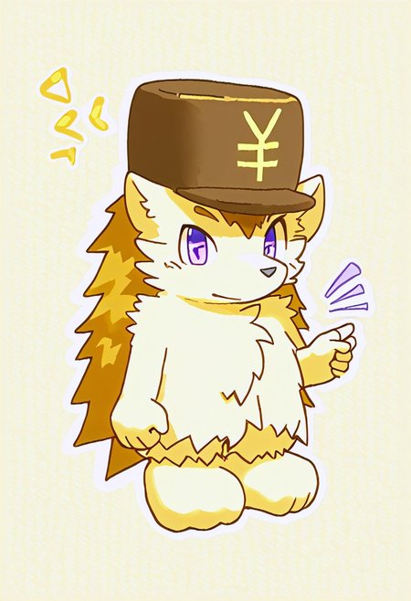 score_9, score_8_up, furry, conswayo_, cute style, cute, 2d, simple background, solo, kemono, hedgehog, hat with yen sign, male, full body, solo, male focus, hedgehog inaho, hat with japanese yen sign, purple eyes, beauty eyes, lv1rubili