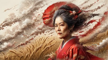 ral-dissolve calligraphyinkstyle of an old japanese woman in a rice paddy wearing a red kimono dissipating into millions of pieces in the wind  <lora:InkArtXL_1.1:1>  <lora:ral-dissolve:1>
