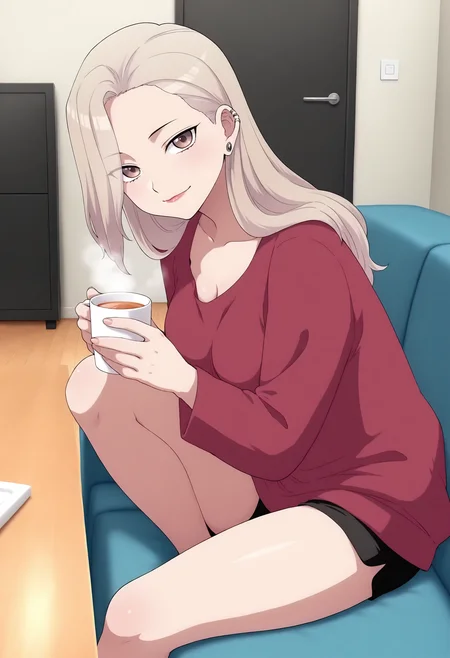 1girl, solo, furukimaya, tan hair, long hair, brown eyes, ear piercings, medium breasts, anime style, looking at viewer, living room,  table, loose shirt, red shirt, shorts, couch, relax, holding cup of hot tea, smile, sitting, black shorts, short shorts, shiny lip, detailed hands, fingernails, masterpiece, best quality