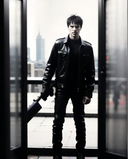 man , full body, <lora:blame5:1>blm, view, city, killy, gun in hand