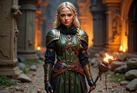 Full body view, Headshots, masterpiece, a beautiful woman, Hyperrealistic, she is smiling, dynamic angles, multiple angles, photoshoot poses; A photo of reai, a woman with blonde hair, she has massive breasts, a beautiful girl,  wearing earrings and a necklace. She is standing in a forboding ancient ruins, she is wearing ornate green and metal armor, and leather boots. she is holding a torch in her right hand. The scene is a forboding and dangerous, well-lit environment, with a dynamic pose and a sense of action. and the lighting is soft, creating a dramatic effect, and creating a focused and dynamic pose. The scene is set in a beautiful, well-lit environment, with a sense of action and adventure. Style: realistic hyper-detailed rendering, 32k UHD, expressive eyes, punk, graphic design, girl's face, pretty and cute, gleaming lips, telling a tale of adventure. Exuding confidence and serenity. The overall mood of the image is happy and relaxed, with detailed skin texture (blush:0.2),(goosebumps:0.3), subsurface scattering,  a playful and whimsical tone,perfect hand, hand, detailed hand,niji style,retro50s_style,

