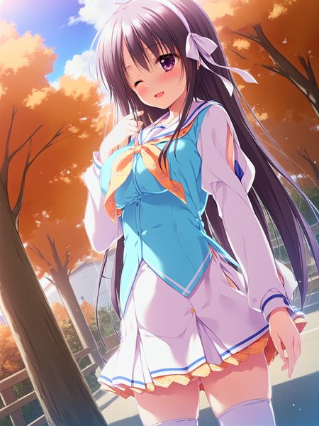 1girl, 
score_9, score_8_up, score_7_up, rating_explicit, (BREAK:-1), source_anime, Himeno_Towa, solo, solo focus, purple eyes, long hair, black hair, ahoge, hair ribbon, white ribbon, hairband, white hairband, large breasts, school uniform, serafuku, blue serafuku, ribbon, orange ribbon, skirt, white skirt, thigh, thighhighs, white thighhighs full body, looking at another, from below, dutch angle, (autumn:1.1), (midnight:1.1), dim lighting, natural lighting, from side one eye closed, embarrassed, open mouth, blush, :d, outdoors, very long hair, long sleeves, zettai ryouiki, hand up, blue sky, pleated skirt, smile, sky, tree, bouncing breasts, hair between eyes, hair intakes, breasts, day, 
masterpiece, best quality
 <lora:Himeno_Towa_Pony_v1:0.7>