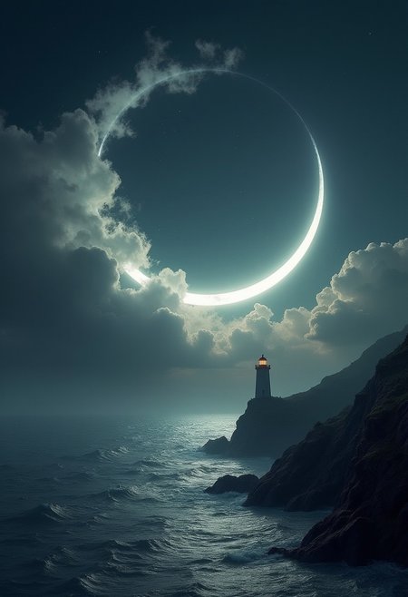 A masterpiece of wane style created by the collaboration of H.R. Giger and Friedrich Stuhl. In this photo, the concept of "wane" is depicted through a striking and ethereal scene. The foreground showcases a crescent moon that appears almost like a thin sliver in the night sky, emphasizing its waning phase. Surrounding the moon are wispy clouds that seem to emanate from it, as if the moon is exhaling a gentle, glowing mist.In the background, a vast expanse of darkened clouds rolls over a tranquil sea, with only a few stars twinkling intermittently. The water reflects the diminishing light of the waning moon, creating ripples and waves that shimmer faintly under the remaining lunar glow. A lone, ancient lighthouse stands on a rocky promontory, its beacon still flickering, casting long shadows over the tranquil waters.The overall atmosphere is one of quiet beauty and a sense of something fading away, encapsulating the essence of "wane" in both its literal astronomical meaning and a broader metaphorical sense. HD 32K, hyperdetailed, best quality.