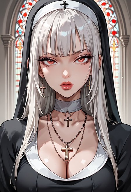 score_9, score_8_up, score_7_up, score_6_up, 1girl, blunt bangs, long hair, white hair, black hair highlights, red eyes, no make-up, BRAKE, full lips, perfect lips, necklace with cross, nun, nun-outfit, classic nun outfit, cleavage, collarbone, 8k picture, highly detailed picture, full body