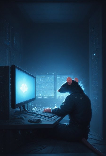 score_9, score_8_up, score_7_up, (server room: 1.2), (burning room: 1.2), rat wearing mechanic outfit, rat sitting at computer screen