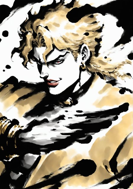 masterpiece,best quality,<lora:yi-noob:1>,ink wash painting,
1boy,solo,dio brando,jojo pose,upper body,face,smile,red lips,blonde hair,yellow jacket,
