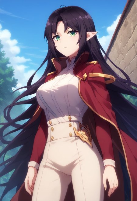 score_9,score_8_up,score_7_up, ASCII Masterpiece, 5fingers, anime screencap, 1girl, solo, Expressiveh,  bangs, breasts, cape, closed mouth, cowboy shot, green eyes, black long hair, high collar, jacket, large breasts, light blush, long hair, long sleeves, looking at viewer, looking down, open clothes, open jacket, parted bangs, pointy ears, red cape, red jacket, shirt, shrug (clothing), solo, outdoors, white pants, white shirt