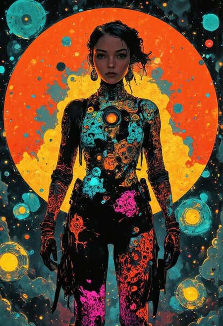 The image features a vibrant and imaginative female character adorned in a skin-tight suit that seems to blend organic and cosmic elements. The suit is intricately designed with swirling patterns in shades of black, blue, and vivid pink, resembling flowing tendrils or vines. Circular motifs in various colors, especially teal and fuchsia, punctuate the design. 
Behind the figure, a striking circular backdrop glows in warm tones of orange and red, embellished with geometric patterns that evoke a sense of depth and energy, reminiscent of a cosmic or mystical setting. The overall atmosphere is surreal and otherworldly, combining elements of science fiction with artistic flair.