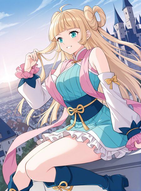 <lora:Mu_Qing_Luan__Battle_Through_the_Heavens__Illustrious:1>
1girl, solo, blonde hair, twin buns, long hair, ahoge, blunt bangs, teal eyes, anime style, 
blue and pink outfit, oriental dress, short dress, frilled skirt, pink sash, golden bow, detached sleeves, long sleeves, blue boots, big cuffs, ribbon details, open shoulders, 
score_9, score_8_up, score_7_up, very aesthetic, source_anime, detailed, high quality, beautiful, masterpiece, detailed eyes, castle, village, blurry background, cityscape, pose dynamic angle, light smile, open mouth, hand on hair, sitting