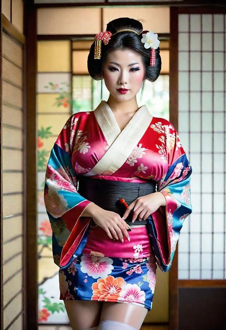 full body fashion photography, sexy geisha, Japanese girl with short vibrantly coloured kimono, (Geiko Shimada Geisha hairstyle:1.3), standing in a sexy and elegant pose with detailed okiya interior background, exposed thighs, highly detailed, (Japanese Bimbo:), (large fake breasts), kimono open to show cleavage, (perfect detailed white face geisha makeup:1.3), blushed cheeks, very detailed big (eyes:1.3), vibrant lipstick, very detailed eyes, very detailed pupils, 1girl, 8k UHD DSLR photo, very detailed face, bmbplora