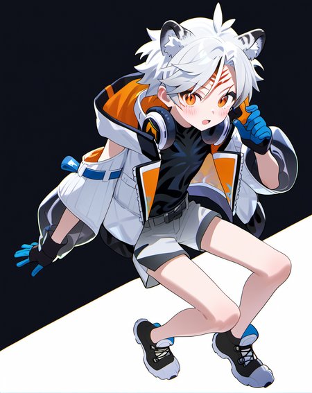 score_9,score_8_up,score_7_up,score_6_up,score_5_up,score_4_up,source_anime,<lora:tira14-000009:0.9>,tira,white hair,orange eyes,animal ears,shorts,jacket,gloves,black shirt,long sleeves,black gloves,belt,grey shorts,black footwear,headphones around neck,bare legs,official clothing,