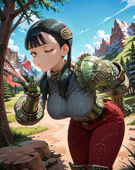 <lora:ChamIllustriousBackgroundEnhancer:0.5>, masterpiece, very aesthetic, absurdres, best quality, amazing quality, high resolution, newest, very awa, scenery,  (looking at viewer),  <lora:spo_sdxl_10ep_4k-data_lora_Illustrious:0.8> <lora:StabilizerIllustrious:0.8> , masterpiece, beautifully drawn, elegantly detailed, solo,  <lora:AsheiIL:0.8> , AshDef, 1girl, black hair, twintails, hair over shoulder, brown eyes, bags under eyes, hair ornament, gorget, grey sweater, ribbed sweater, single pauldron, armored corset, green corset, green gauntlets, red pants, belt, green greaves, leaning forward, blowing kiss, hand up, winking, one eye closed, floating orbs, clutter, exterior, mountains, forest, scenery, blue sky, perfect hand, four fingers, cowboy shot,