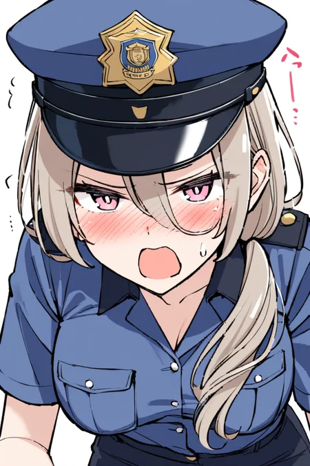 masterpiece, best quality,hahaoya,1girl, police, police uniform, policewoman, police hat, solo, hat, blush, long hair, open mouth, shirt, upper body, breasts, short sleeves, blue headwear,pink eyes, hair between eyes, looking at viewer, sweatdrop, hair over shoulder, blue shirt, collared shirt,  white background, simple background, 
<lora:hahaoya e1-000009:0.65>