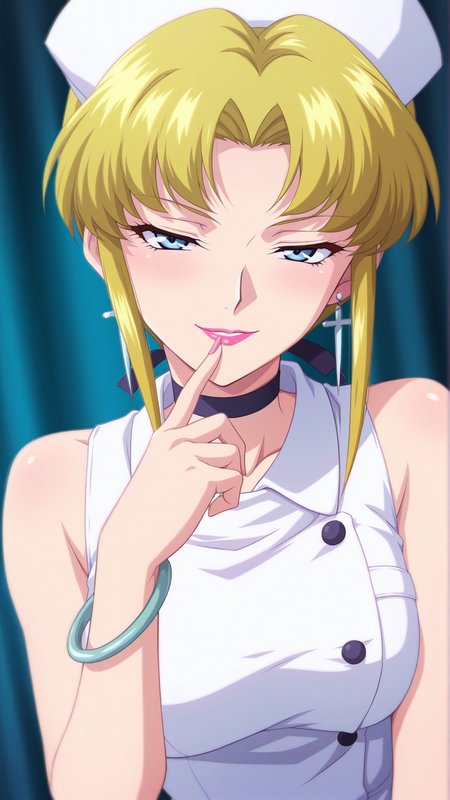 source_anime, general, best quality, masterpiece, 1girl,  <lora:Simone_Curian_ill_v1.0:1> simone_curian\(srw\),blue eyes, blonde hair, short hair,sidelocks,earrings, jewelry, choker, lipstick, bare shoulders, cross earrings, bracelet, nurse, seductive smile, (embarrassed:0.7),  dynamic pose, dutch angle,