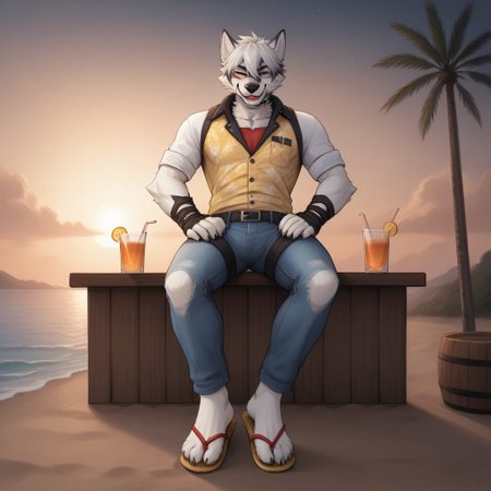 (((Barefoot furry character, full body, cinematic setting, furry male, plantigrade))) 
(((front view from below))) on Von Lycaon, muscular white wolf, in a (((yellow Hawaiian shirt))) with green or purple pattern, (((wearing long blue torned jeans))), goth accessories on outfit, nice feet paws with four toes and claws, feet towards the viewer, feet POV, (((brown flip-flops))), (((shoeplay))), (((his feet playing with flip-flops))), (((one bare foot))), dynamic pose, smile, drinks whiskey, drunk, sleepy, on beach, near beach bar, (((night))), (((outdoors))), focus on feet paws, 
BREAK, intricate details, highly detailed, extreme detail, octane render, fine art, best quality, highres, (detailed face:1.5), ((full_body)), UHD, (((perfect hands))), low light, anime