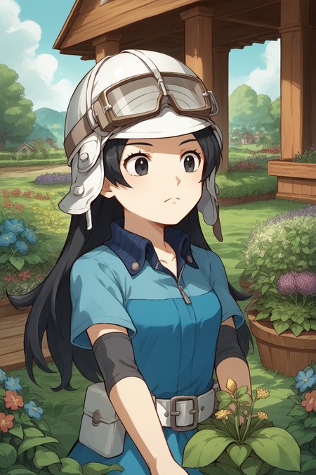 source_anime, score_9, score_8_up, 1girl, solo,  <lora:zs_AsahiXL:1> asahismtiva, long hair, black hair, helmet, goggles on head, elbow pads, belt, dress, garden, wooden house, fairy tale, gardening, flowers
