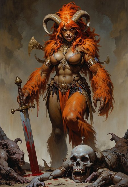 Niji Stan Katayama style Frank Frazetta fantasy oil painting of a fierce female troll wookie warrior wearing chainmail armor, she has frizzy auburn hair and fur, she is standing beside the corpses of her undead zombie enemies, beside her there is a bloody sword sticking into the ground, she has one hand on top of the swords pommel. The troll warrior is covered in thick red fur, she is extremely tall and muscular, ram horns on top of her head, vicious and fierce with large fangs