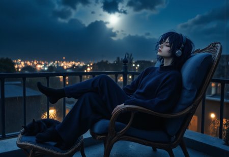 1girl, eyes closed, wearing headphone, black sweater, black pajama, black socks,  resting in resting chair, roof top, side view, ((a black cat sleeping in lap)), ((a black dog sleeping near chair)), railing in background, blue moon amongst dark clouds, a tree outside near railing,  FictionalOpal, alternative girl with messy navy blue hair, DarkAtmosCE style, highres, realistic, fhd, widescreen, moonlight,