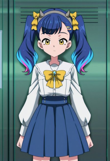 zPDXLx, mur4k4mi-ip,anime screencap,anime art style,beyblade series, beyblade x, nijiko, twintails, blue hair, horns, hair ornament, hairclip, fake horns, bow, yellow bow, hair bow, multicolored hair, yellow eyes, long hair, standing, skirt, girl focus