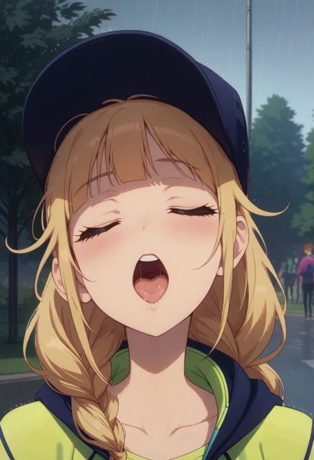 score_9, score_8_up, score_8, sexy, 1girl, 2boys, Expressiveh, eiko, jumper, saliva bubble, big breasts, collarbone, eyelashes, outside, nighttime, park, raining, desire, drool, blush, blushing, Expressiveh, motion, kissing, tree, kissing neck, between two men,