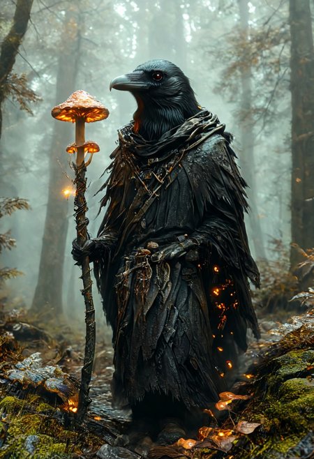 (masterpiece,best quality,ultra_detailed,highres,absurdres:1.2), DnD_Grainyboyz, rotated camera angle style,hknature,
BREAK
highly detailed photo of single black corvidfolk running through forest, (holding 
glowing magic staff covered with shrooms:1.2),  (fast running:1.3), motion blur, wearing brown robe, ((horror vibes:1.35)),
BREAK
moody forest,
detailed background, (ancient dence forest:1.2), rocks, fog, (dramatic light:1.25)
<lora:neg4all_bdsqlsz_xl_V9:2><lora:dynposes3870:1>
<lora:aidma-Image Upgrader-v0.1:1.5>