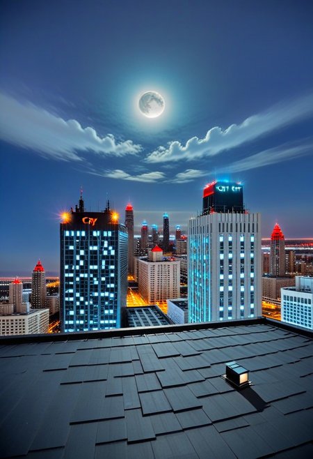 sparse high-stratus clouds barely illuminated by the subdued light of the red-orange city lanterns, a dark purple halo near the bright moon, a square building with a black roof dotted with bright white windows, next to which to the right there is a square building with subdued black windows and only the bottom illuminated by a white lantern is visible, between these two buildings and behind the first white one another building with white windows is visible, above the black building rises somewhere half as high a building with a white and turquoise mesh of burning windows, above this building a red LED is already visible, to the right of the black unlit building a little in the distance stands a building 25 percent lower, 75 percent thinner, with a black roof along the perimeter of which an LED strip is laid and in each corner of the roof there is a bright blue LED, this is a smaller building elongated forward, behind which on the horizon a gray building with a black stripe in the middle is visible. and even further two rectangular buildings with light turquoise windows. To the right of the dark building, you can see the blue roof of a skyscraper, square, twice as big in area, behind it stands a rectangular skyscraper with unlit windows, barely illuminated by the blue and white light of the street, the bottom of the street is dotted with yellow city lights that look more like pixels than anything specific.