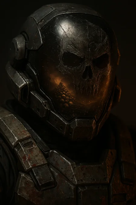 A photorealistic close-up of a futuristic EVA-class combat helmet inspired by Emile from Halo: Reach. The helmet’s dark, high-gloss visor dominates the frame and is carved with a crude, menacing skull motif — not painted, but etched and gouged directly into the visor's surface. The scratches are raw and uneven, suggesting the work of a combat knife. The surface is pitted, scuffed, and worn from battle. Reflected clearly in the glossy black visor is a grim, surreal landscape: a mountain of human skulls, stacked high into a smoky, amber-lit sky. The reflection glows faintly with diffused firelight and ash drifting across the scene. Cinematic dramatic lighting from the side casts strong shadows across the armor’s plates, revealing grit, grime, and bloodstains. The background is minimal and dark, focusing all attention on the helmet, reflection, and the atmosphere of dread.

