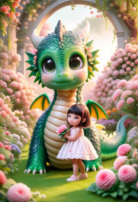 pet dragon plays with a cute girl in a blooming garden