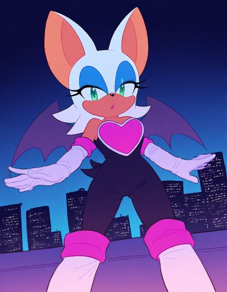 , <lora:rouge-the-bat-illustriousxl-lora-nochekaiser:1>, rouge, animal ears, bat ears, bat girl, bat tail, bat wings, eyeliner, furry, furry female, green eyes, makeup, tail, white hair, wings, eyeshadow,, bare shoulders, boots, elbow gloves, gloves, heart, knee boots, white footwear, white gloves,, city skyline, rooftop view, night time, city lights, quiet reflection, , from below, looking at viewer, solo,, dutch angle, cowboy shot